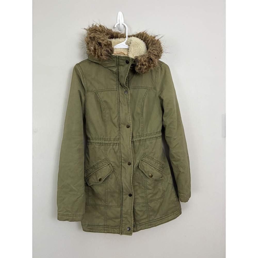 Hollister Parka Jacket Womens XS Olive Green Sherpa Lined Faux Fur Hood Utility